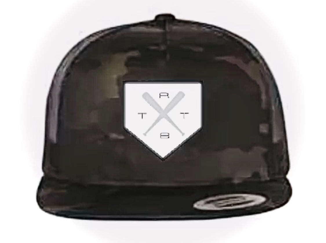 Home plate logo black camo trucker snapback